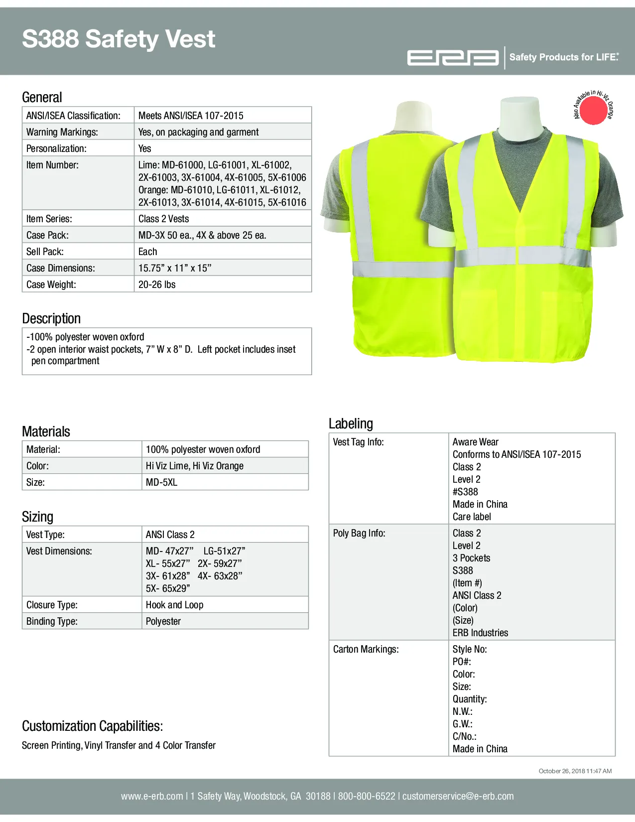 S388 Class 2 Oxford Economy Safety Vest 1pc