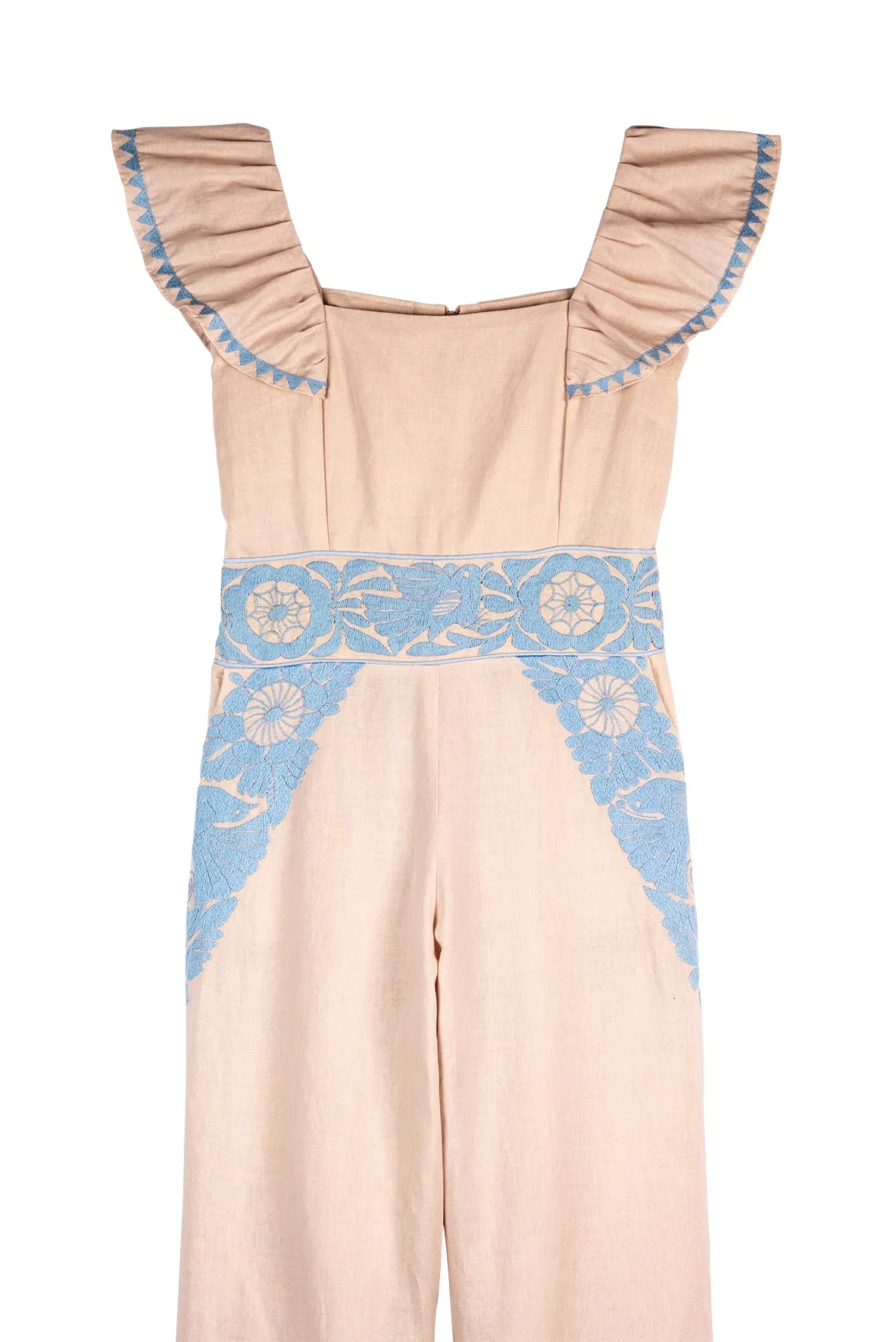 SALE - Gardenia Collection Embroidered Jumpsuit from Mexico- Neutral and Light Blue