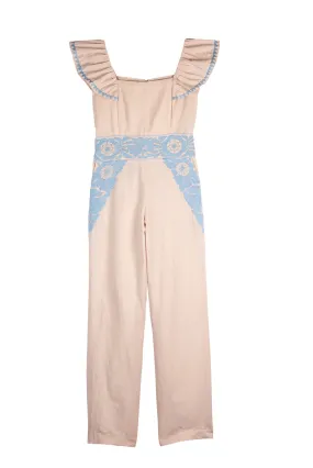 SALE - Gardenia Collection Embroidered Jumpsuit from Mexico- Neutral and Light Blue