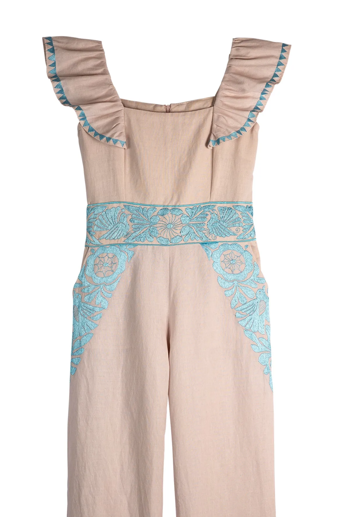 SALE - Gardenia Collection Embroidered Jumpsuit from Mexico- Neutral and Light Turquoise