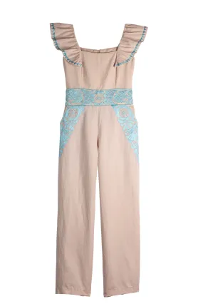 SALE - Gardenia Collection Embroidered Jumpsuit from Mexico- Neutral and Light Turquoise