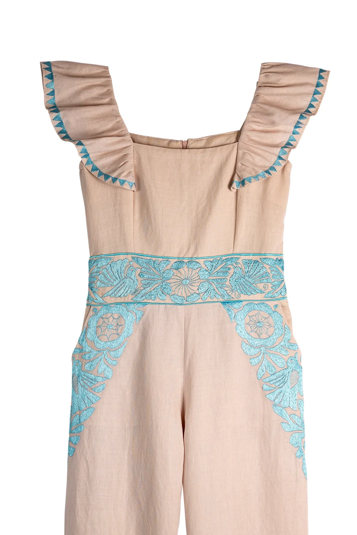 SALE - Gardenia Collection Embroidered Jumpsuit from Mexico- Neutral and Light Turquoise