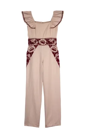 SALE - Gardenia Collection Embroidered Jumpsuit from Mexico- Neutral and Maroon