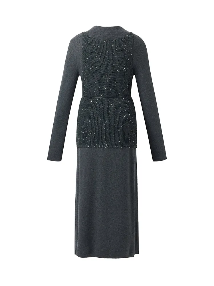 Sequins Vest And Mock Neck Midi Dress Two-Piece Set With Belt