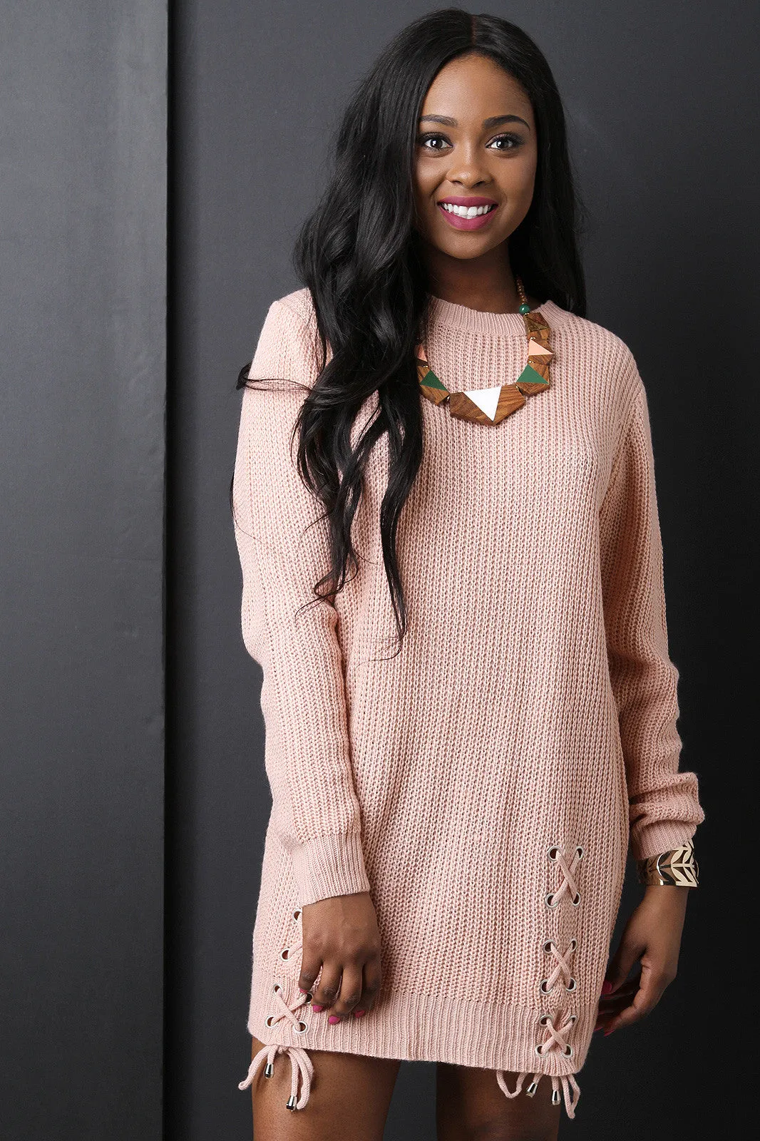 Side Lace Up Sweater Dress