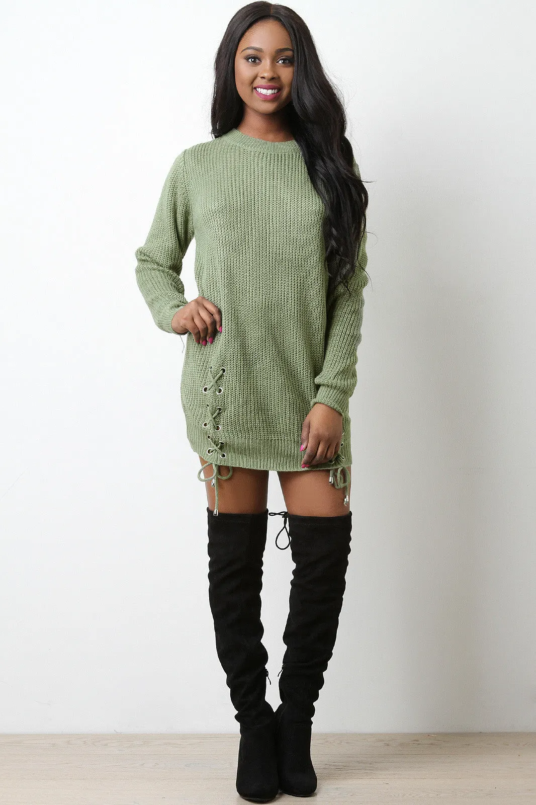 Side Lace Up Sweater Dress