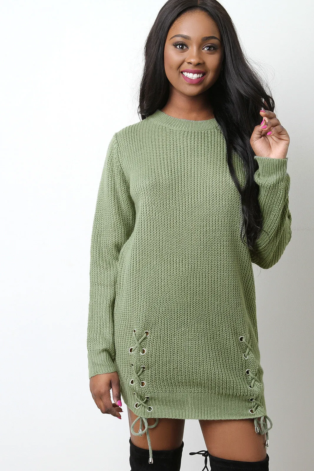 Side Lace Up Sweater Dress