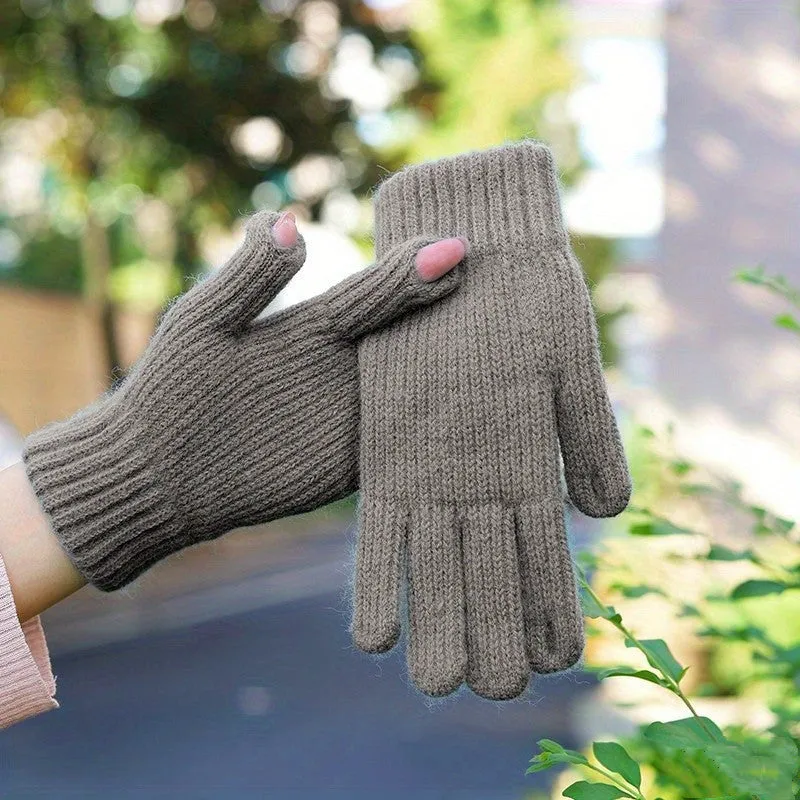 Simple Solid Color Knit Gloves Short Thick Warm Touchscreen Gloves Winter Coldproof Riding Gloves