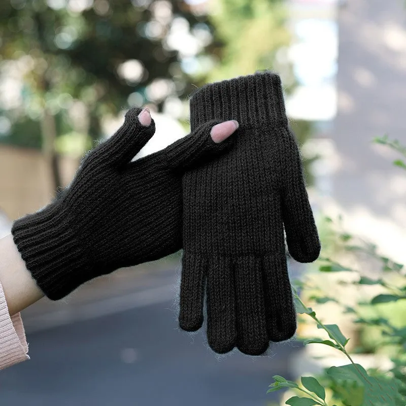 Simple Solid Color Knit Gloves Short Thick Warm Touchscreen Gloves Winter Coldproof Riding Gloves