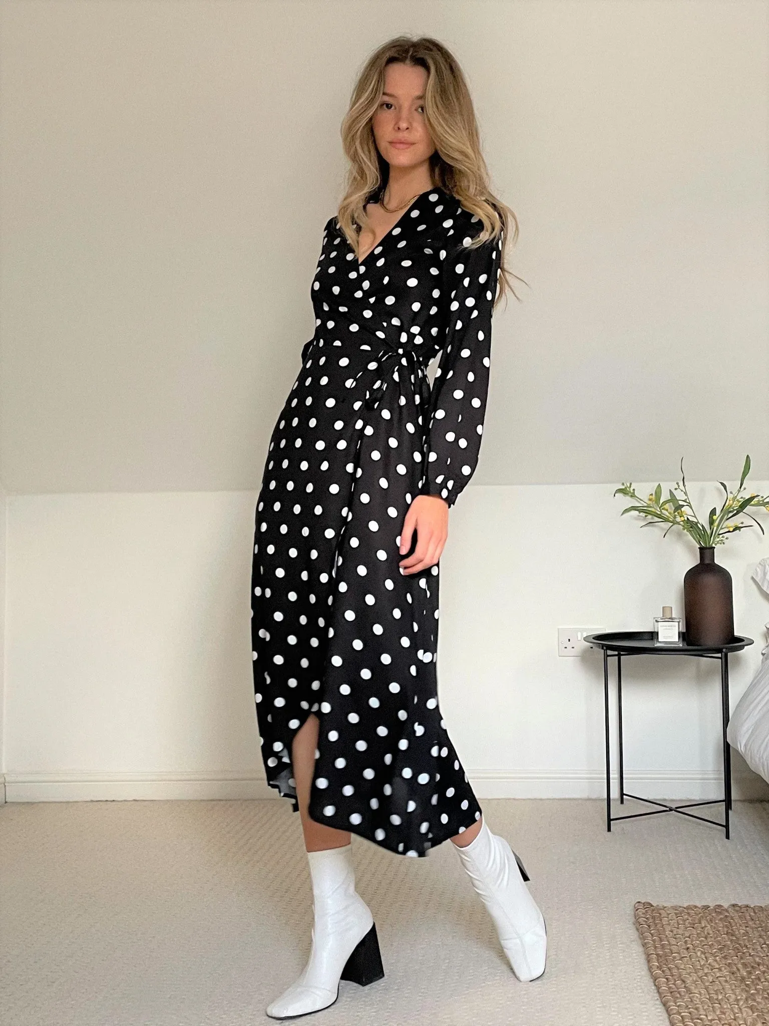 Slaytwins Vale Polka Dot Wrap Midi Dress- Black