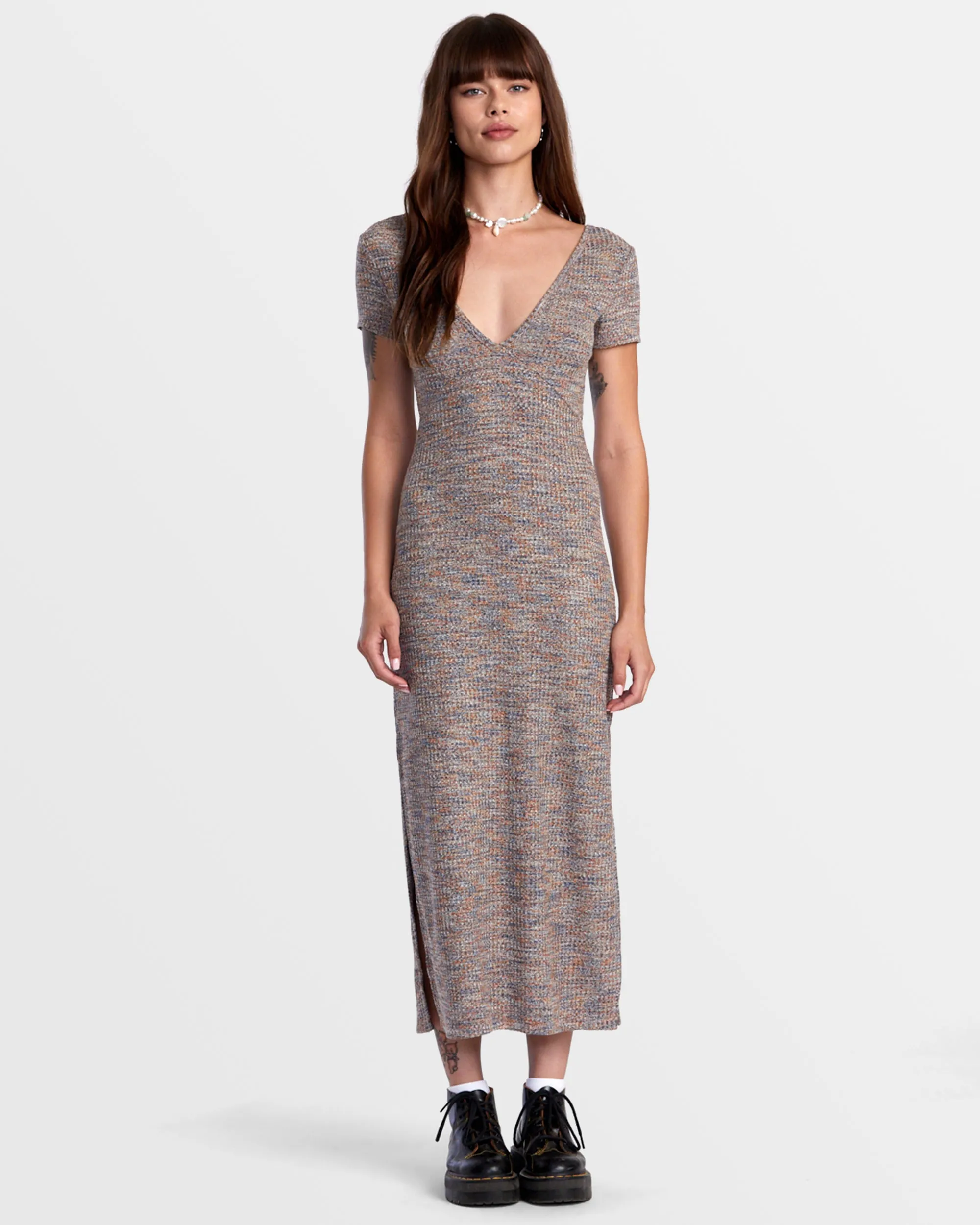 Smitten Marled V-Neck Midi Sweater Dress - Camel