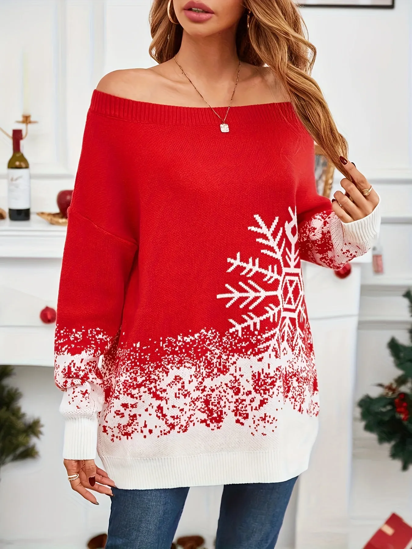 Snowflakes Pattern Off Shoulder Sweater, Casual Long Sleeve Sweater For Fall & Winter, Women's Clothing