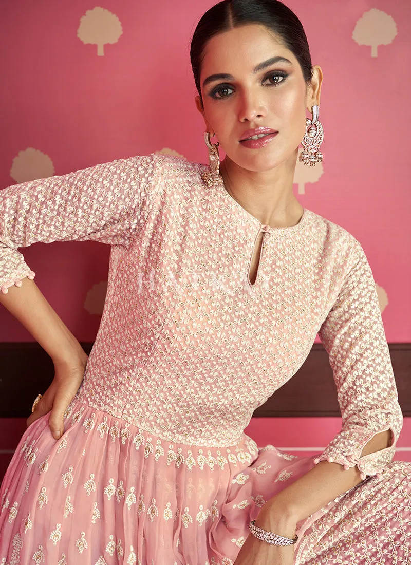 Soft Pink Lucknowi Embroidery Georgette Jumpsuit