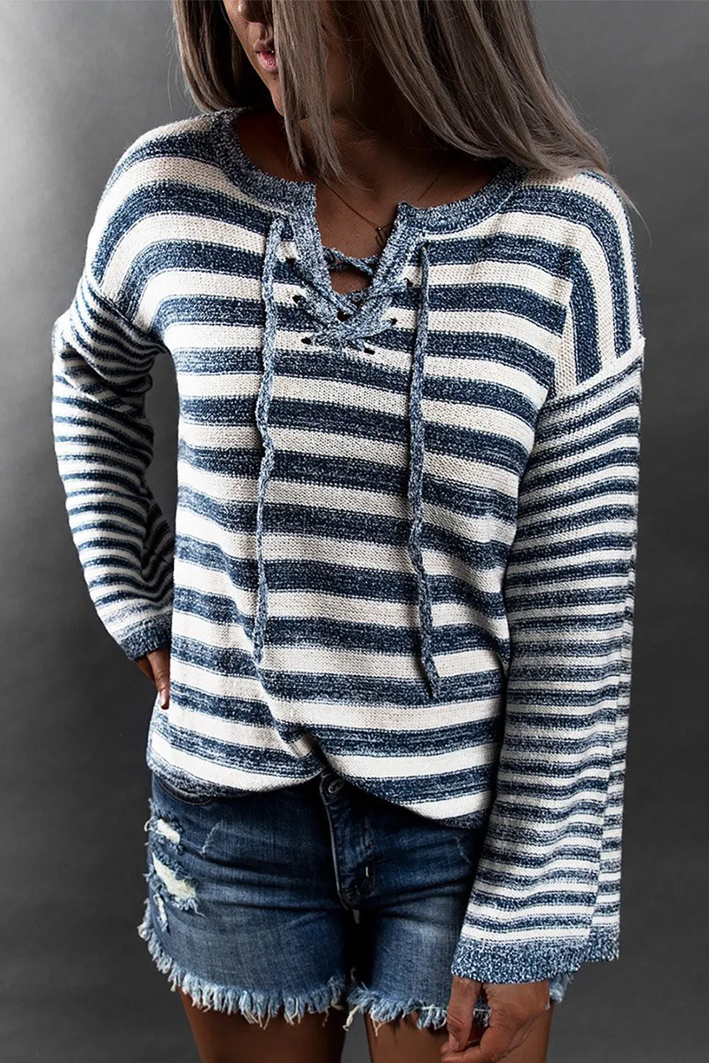 Stripe Lace Up V-Neck Sweater