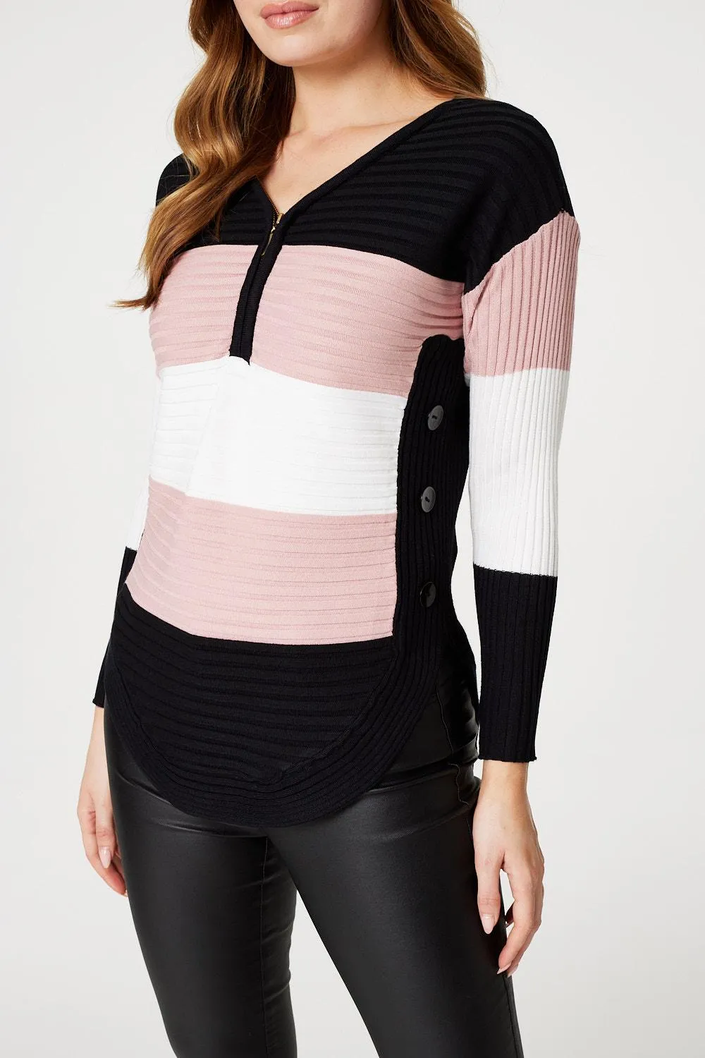 Striped Button Side Knit Pullover