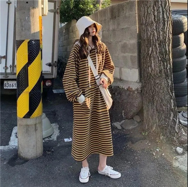 Striped Drawstring Hooded Long Sweater Dress (MS071)