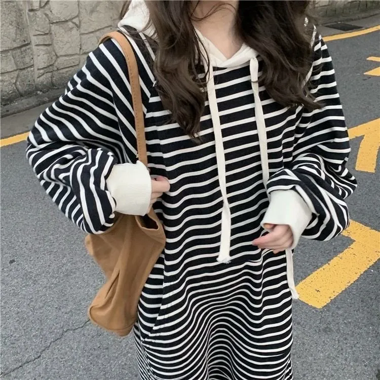 Striped Drawstring Hooded Long Sweater Dress (MS071)