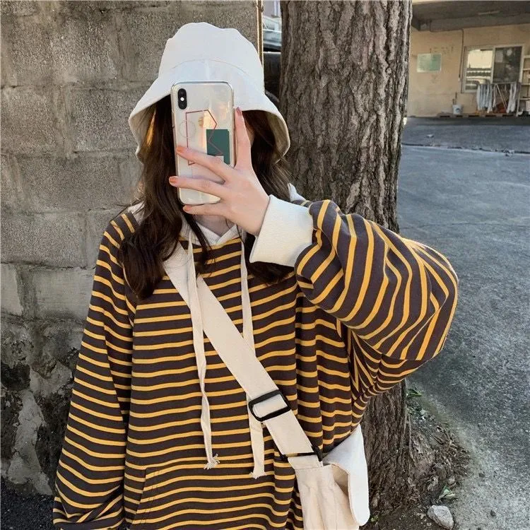 Striped Drawstring Hooded Long Sweater Dress (MS071)