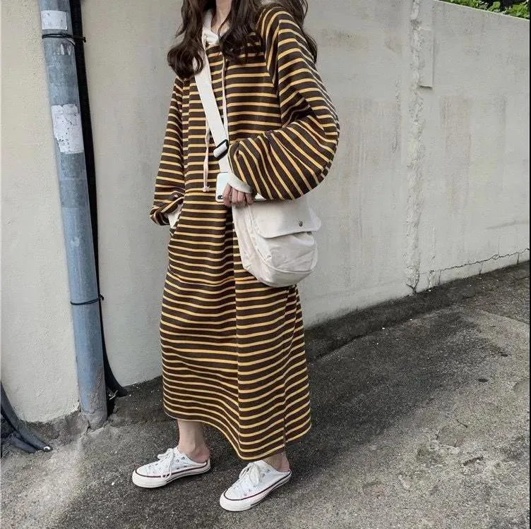 Striped Drawstring Hooded Long Sweater Dress (MS071)