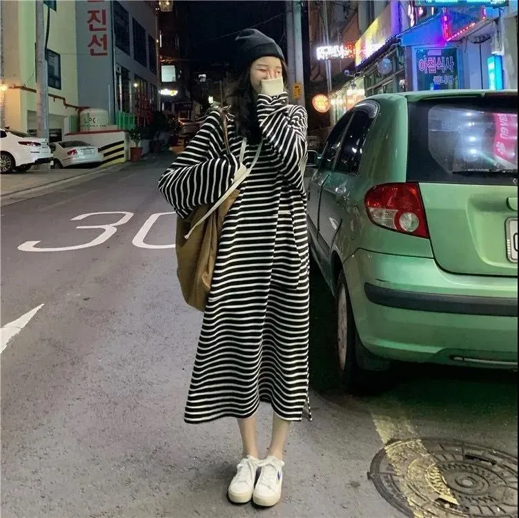 Striped Drawstring Hooded Long Sweater Dress (MS071)