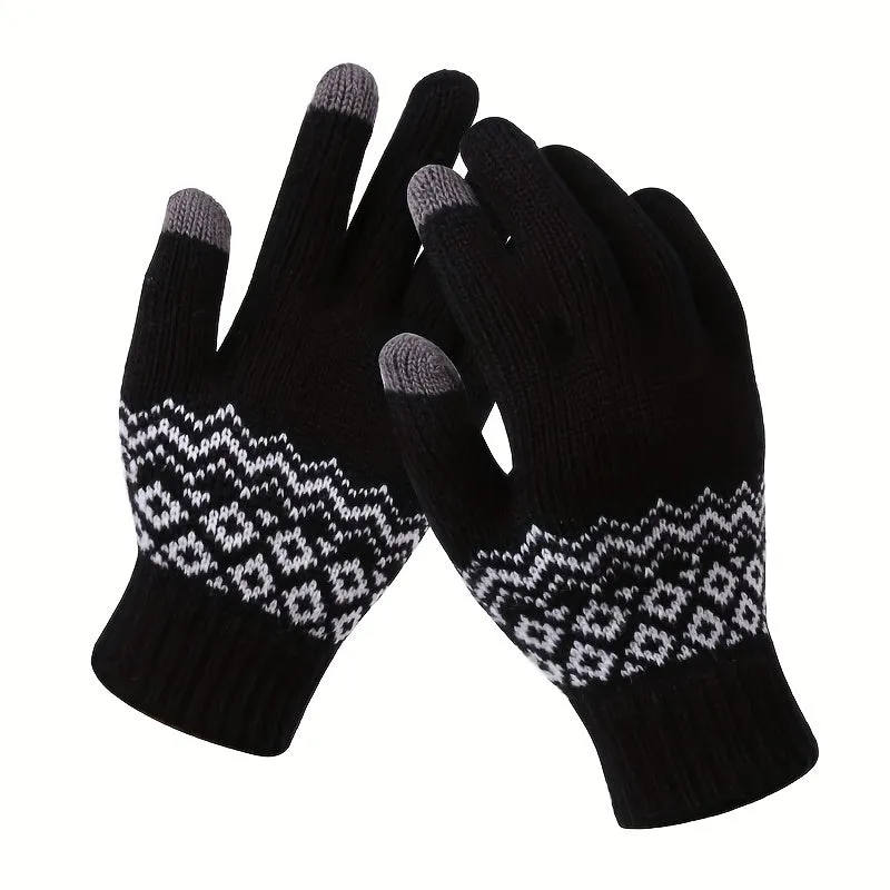 Stylish Jacquard Knitted Gloves Women's Short Elastic Full Finger Touchscreen Gloves Winter Warm Writing Gloves