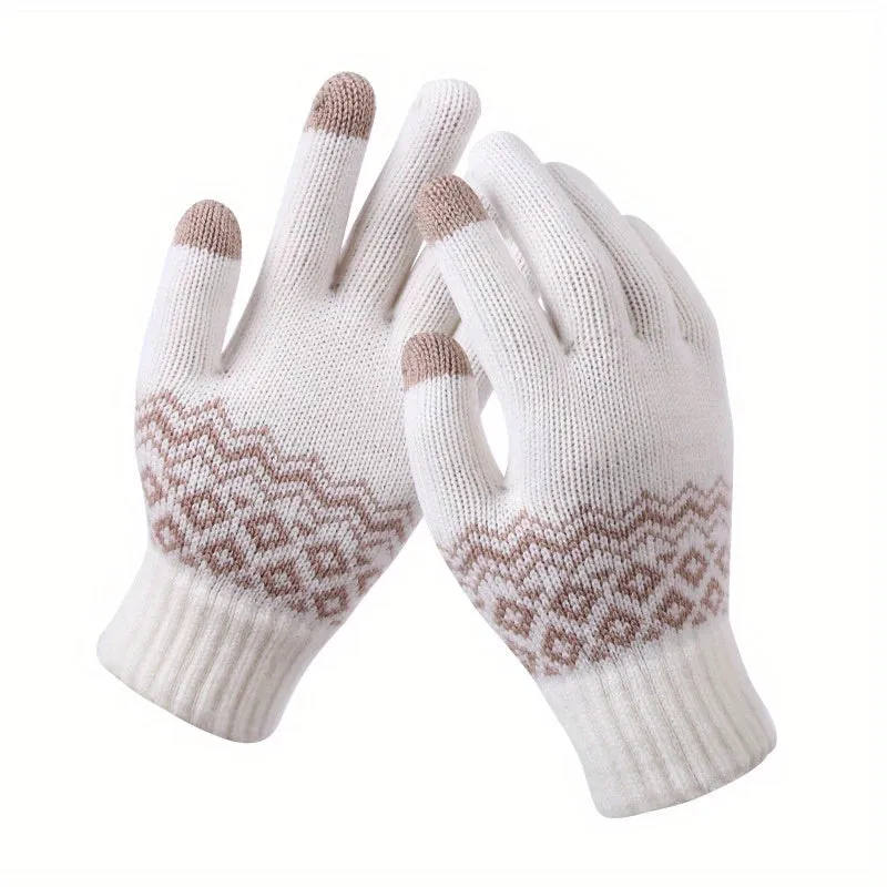 Stylish Jacquard Knitted Gloves Women's Short Elastic Full Finger Touchscreen Gloves Winter Warm Writing Gloves