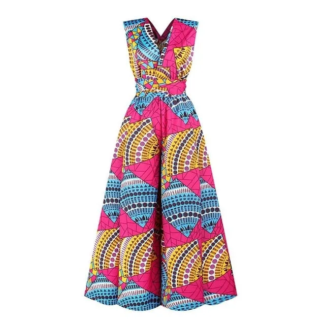 SUNGIFT African Clothes For Women Dashiki Sleeveless and Wide Leg Pants Suit Sexy Backless Print Suit 2019 New Fashion Jumpsuit