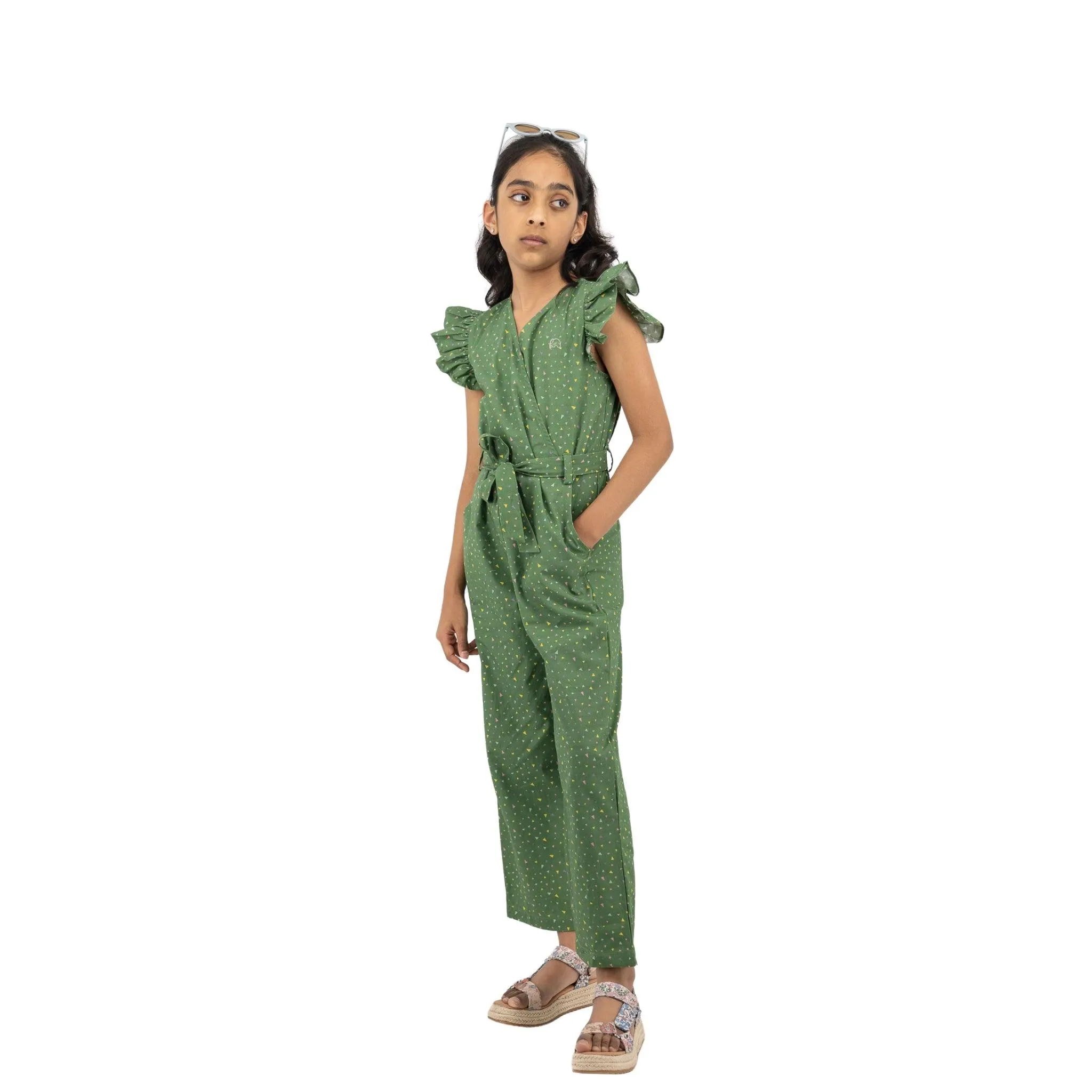 Sustainable Summer Fun: Green Confetti Cotton Jumpsuit  for Girls