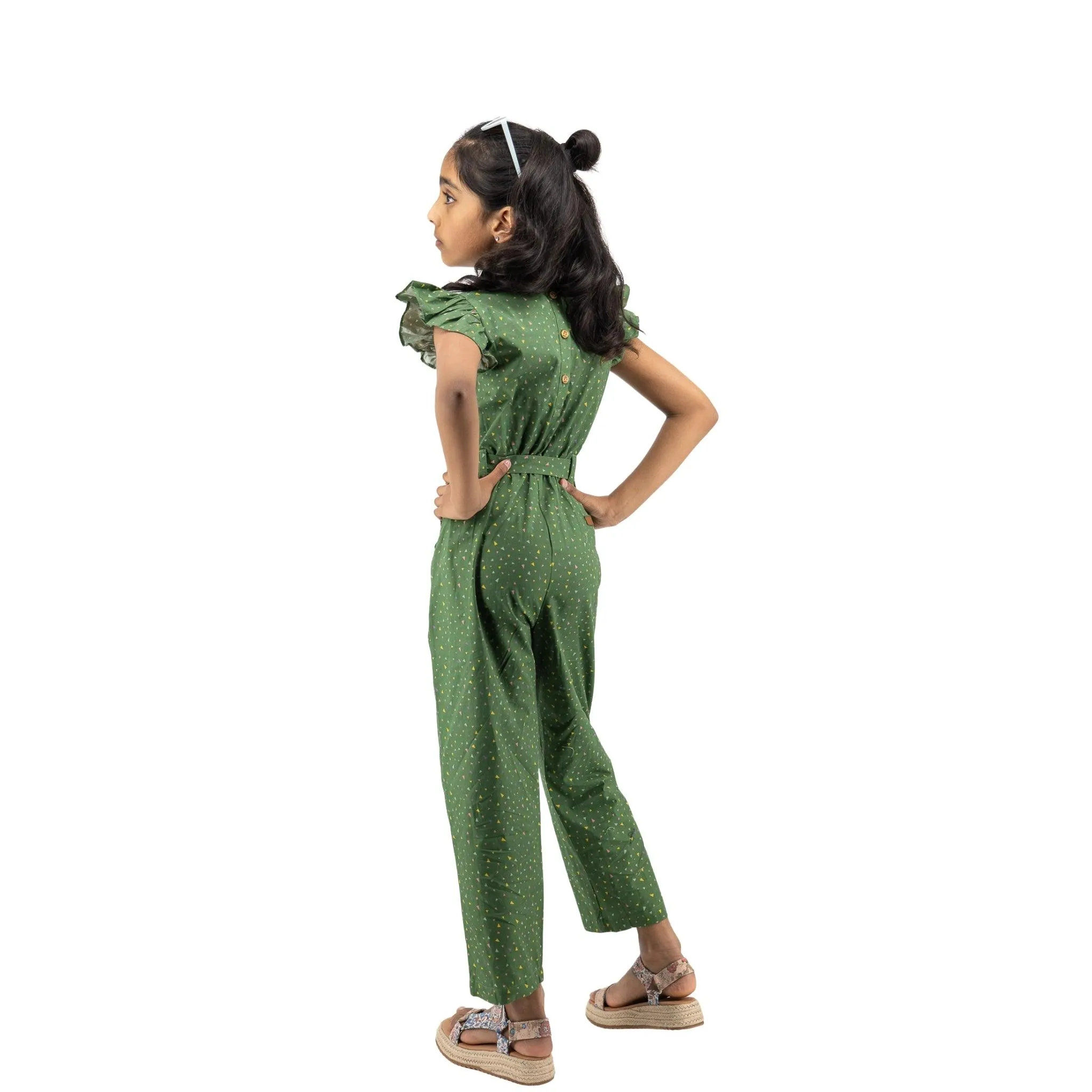 Sustainable Summer Fun: Green Confetti Cotton Jumpsuit  for Girls