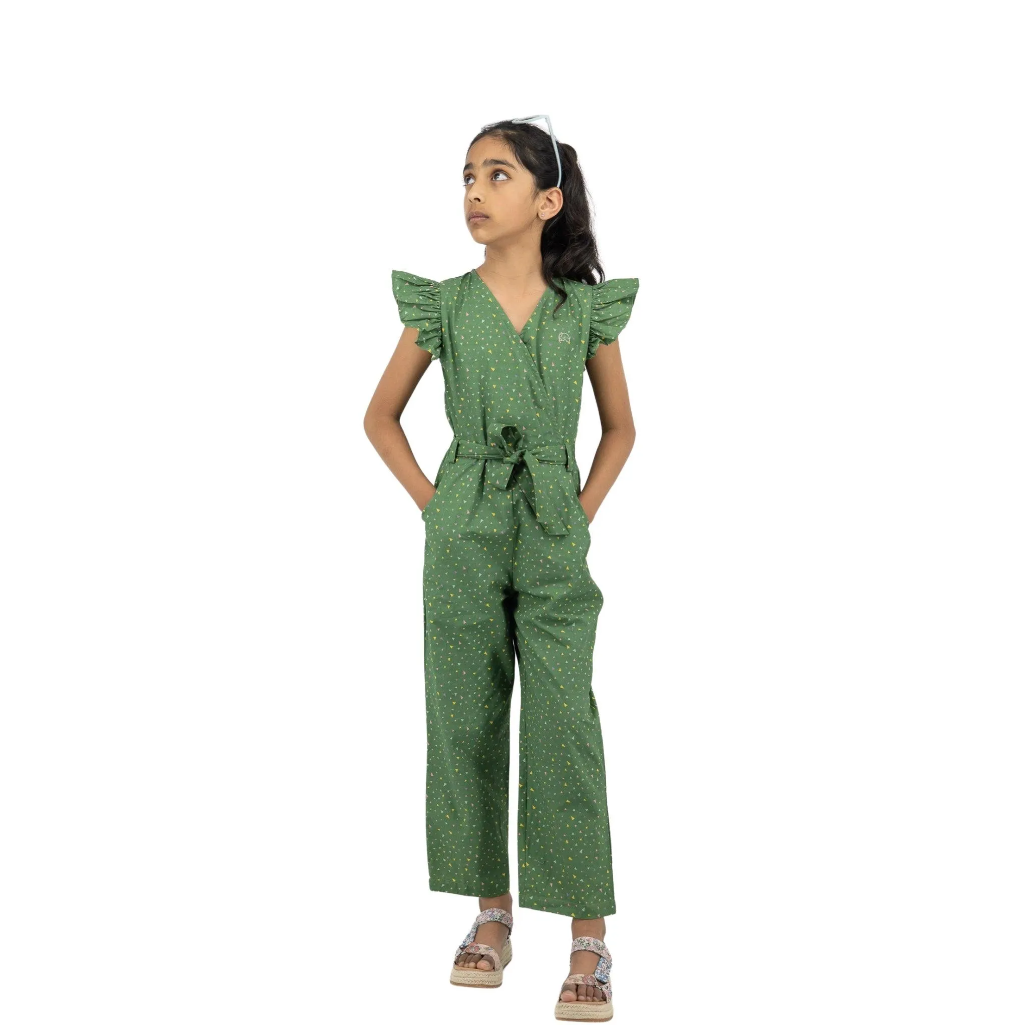 Sustainable Summer Fun: Green Confetti Cotton Jumpsuit  for Girls