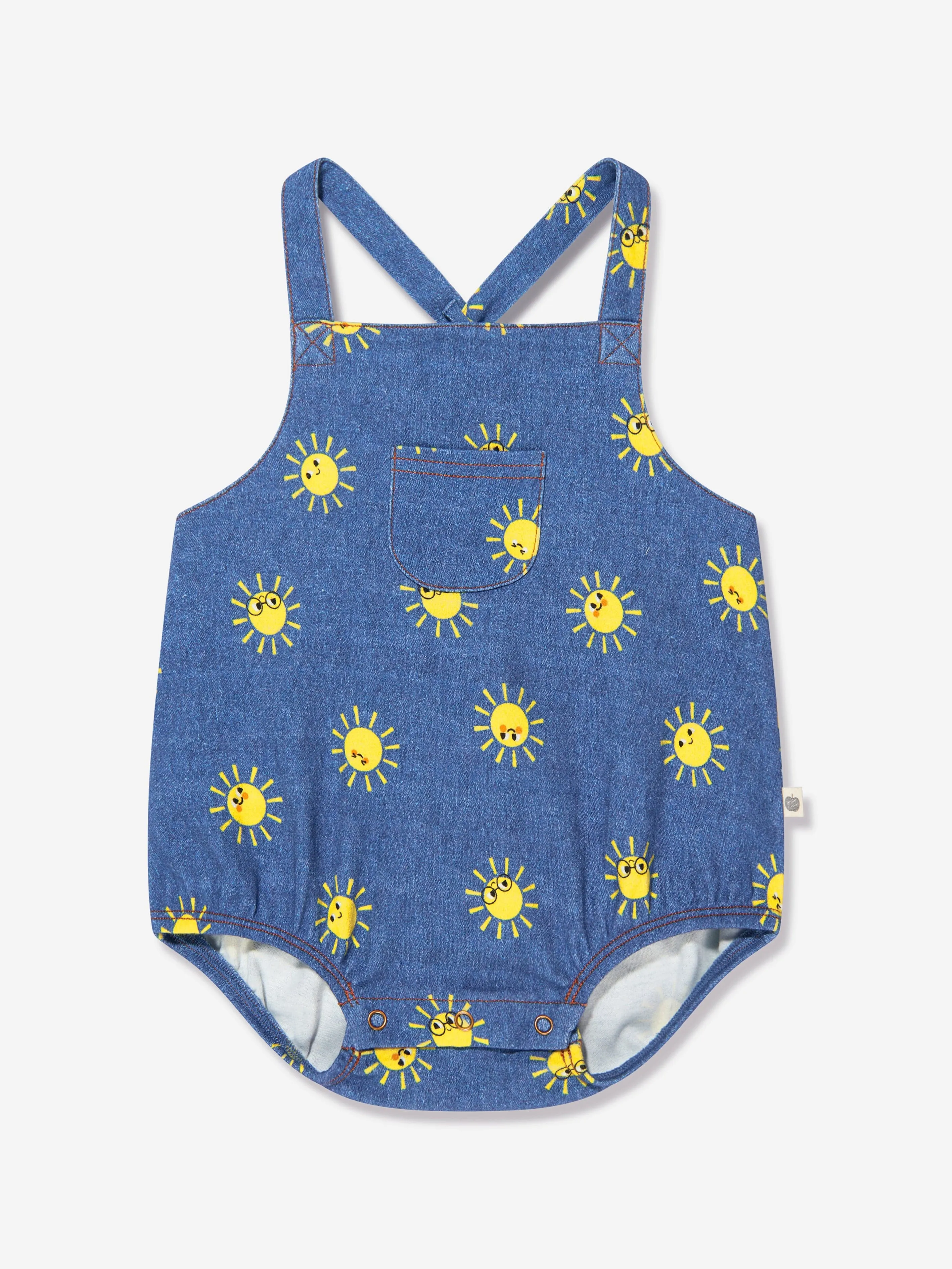 The Bonnie Mob Baby Organic Cotton Sunshine Bubble Dungareee Romper in Blue