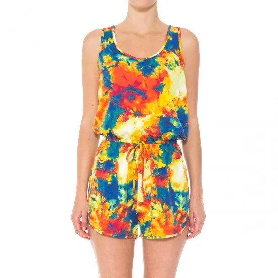 TIE DYE PRINT FRENCH TERRY KNIT DOLPHIN HEM SCOOP NECK SLEEVELESS ROMPER