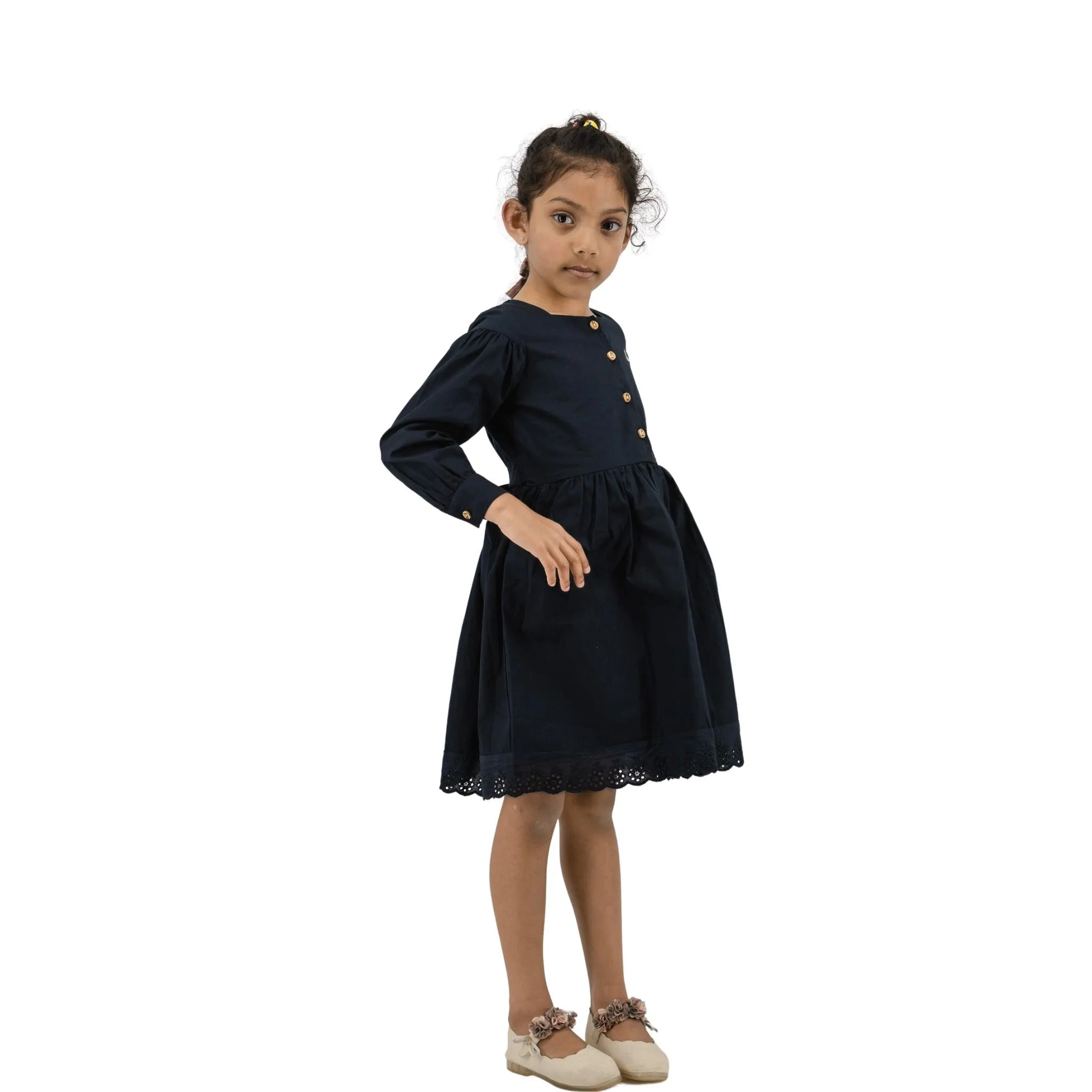 Timeless Style, Kind to the Planet: Black Cotton Dress with Puff Sleeves for Girls