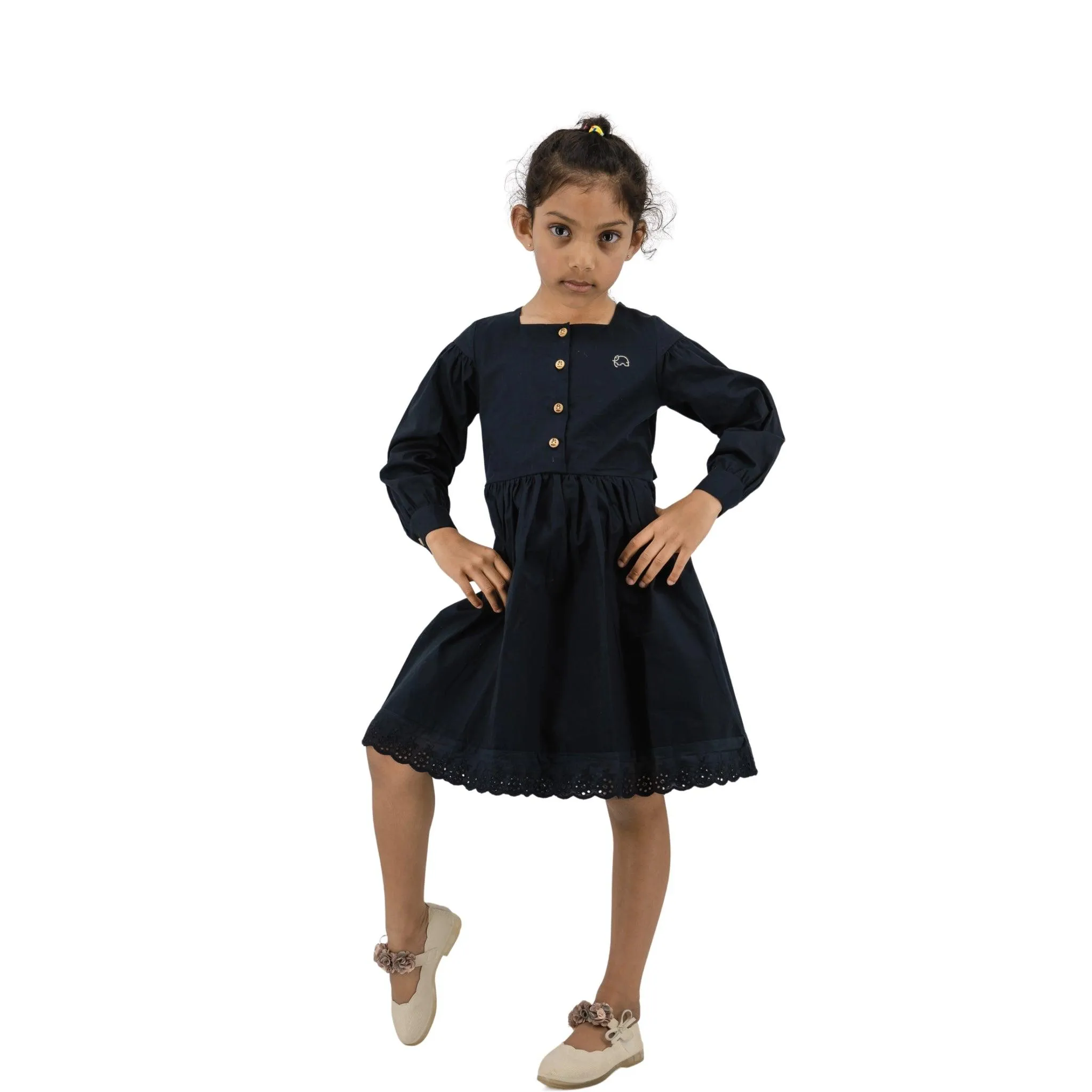 Timeless Style, Kind to the Planet: Black Cotton Dress with Puff Sleeves for Girls