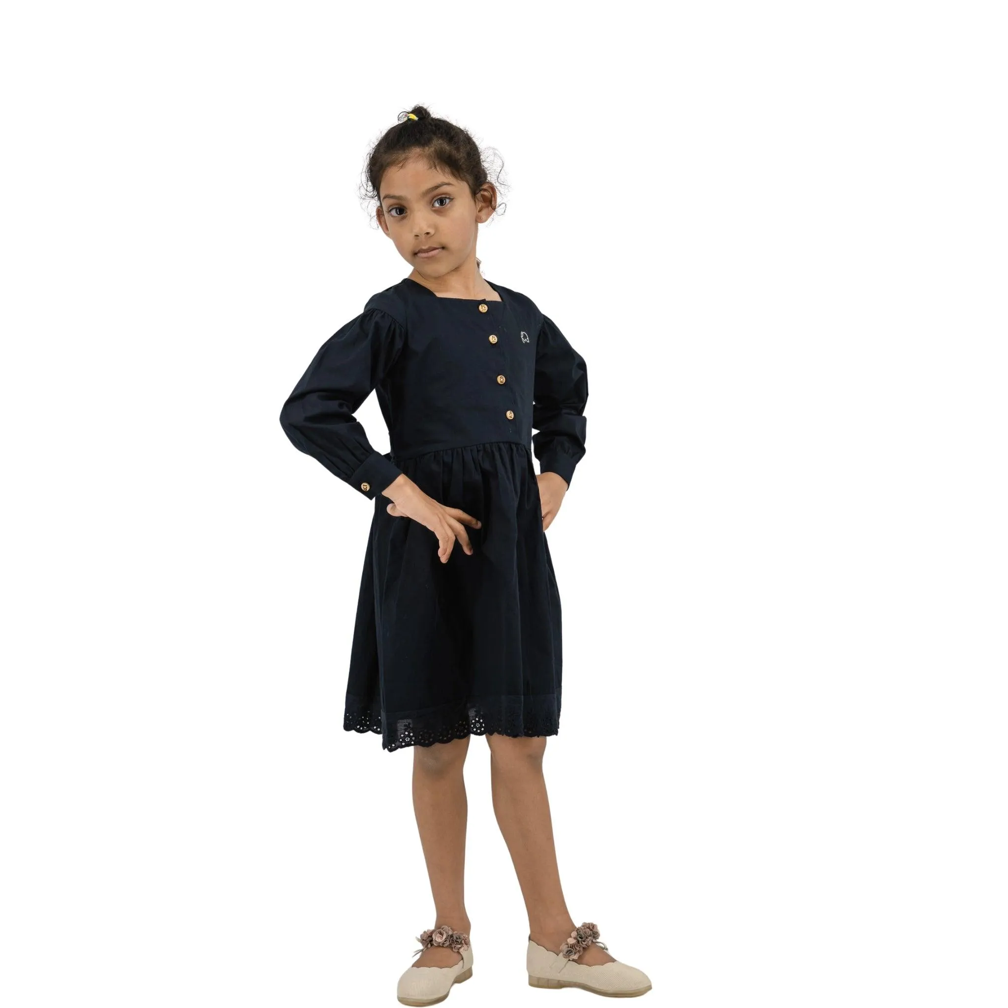 Timeless Style, Kind to the Planet: Black Cotton Dress with Puff Sleeves for Girls