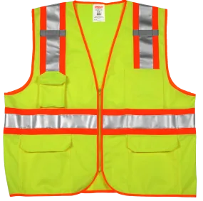 Type R Class 2 Surveyor Style Vest - Fluorescent Yellow-Green - Polyester Solid Front, Mesh Back - Zipper Closure - 2 Mic Tabs - 5 Exterior Pockets - 3 Interior Pockets - Two-Tone Silver Reflective Tape