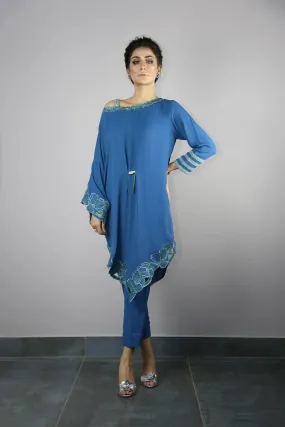 Urooj Atelier - Ocean Blue Angular Cut Work Tunic Top - 2 PC