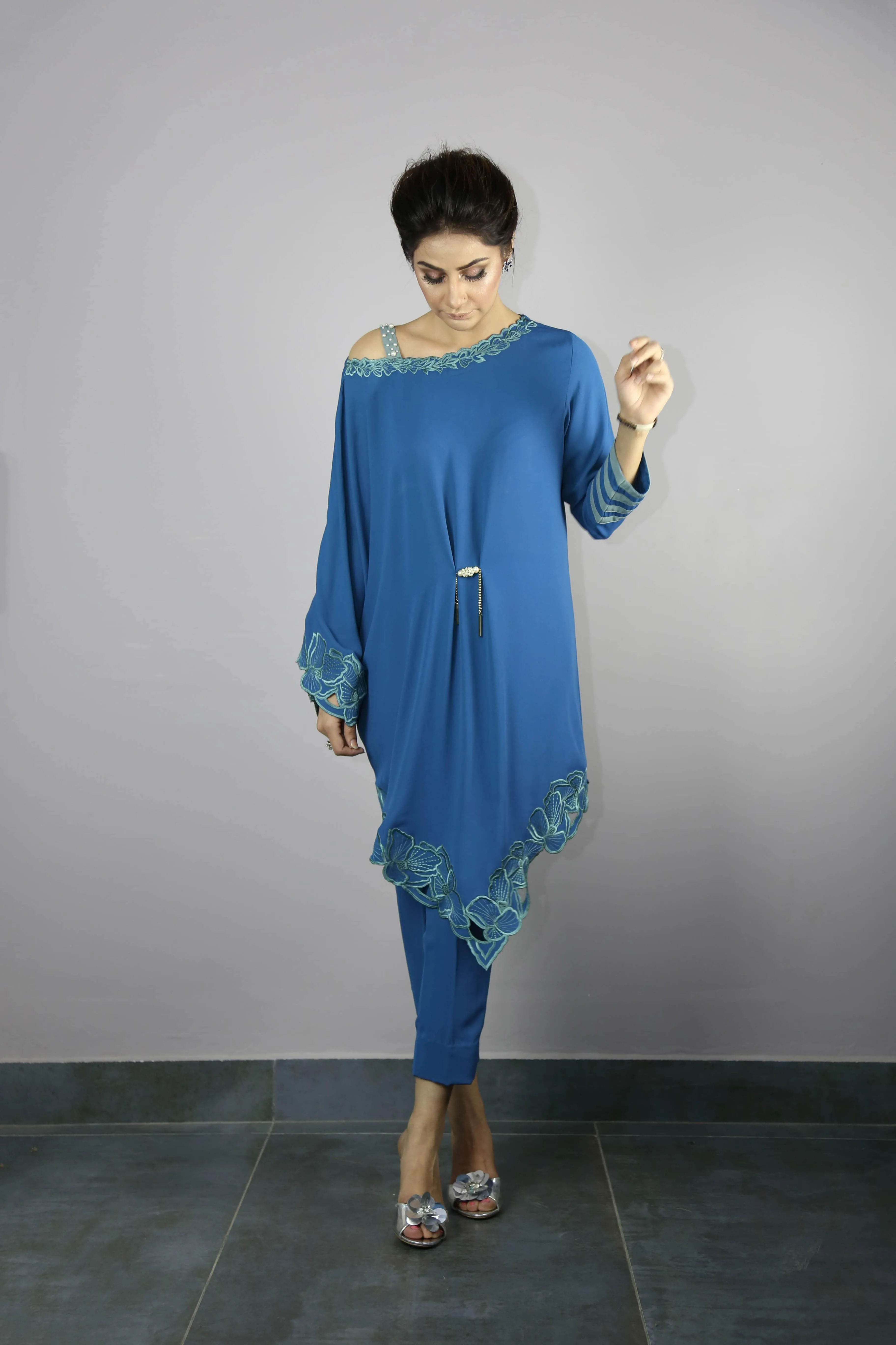 Urooj Atelier - Ocean Blue Angular Cut Work Tunic Top - 2 PC