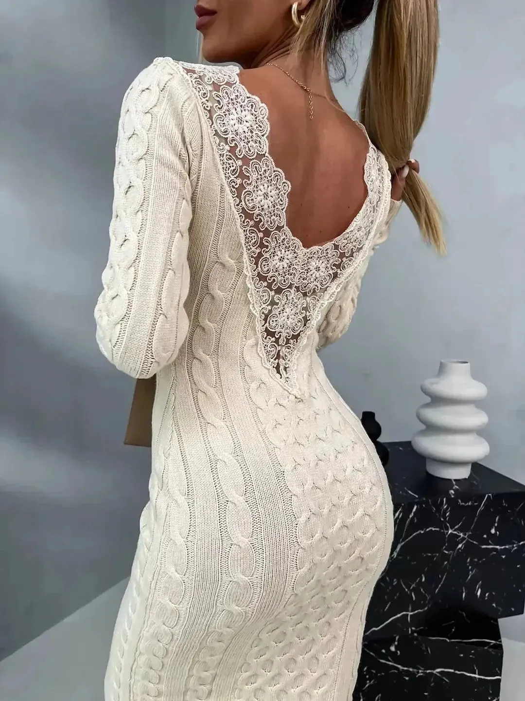 V-neck Lace Sweater Dress