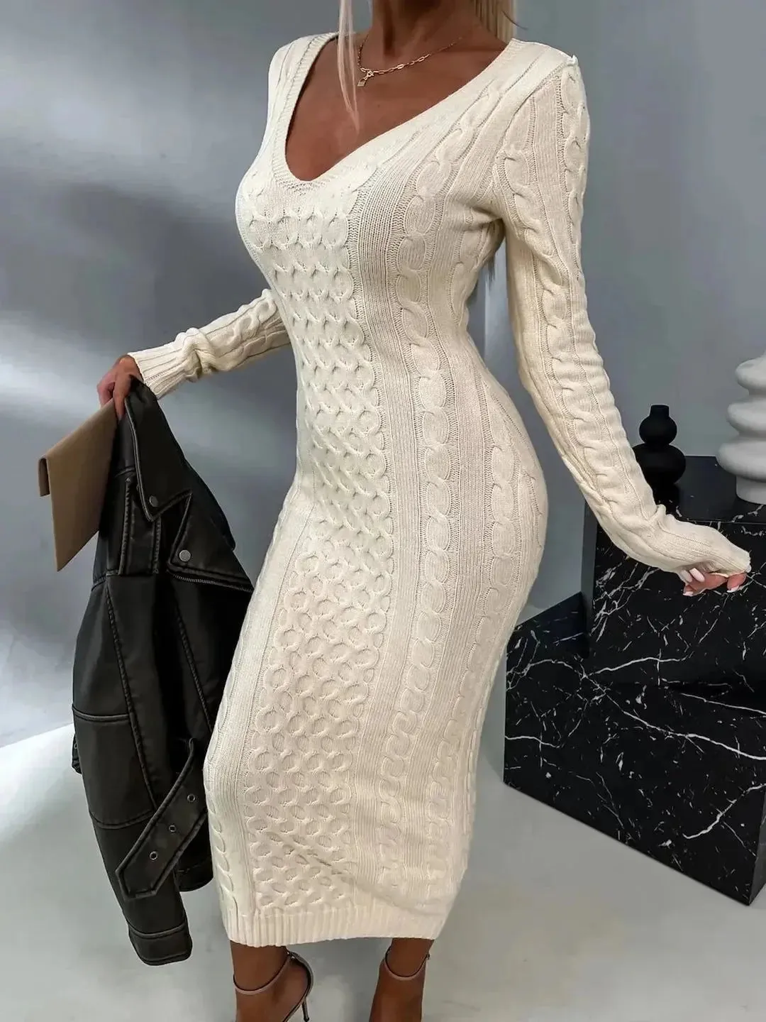 V-neck Lace Sweater Dress