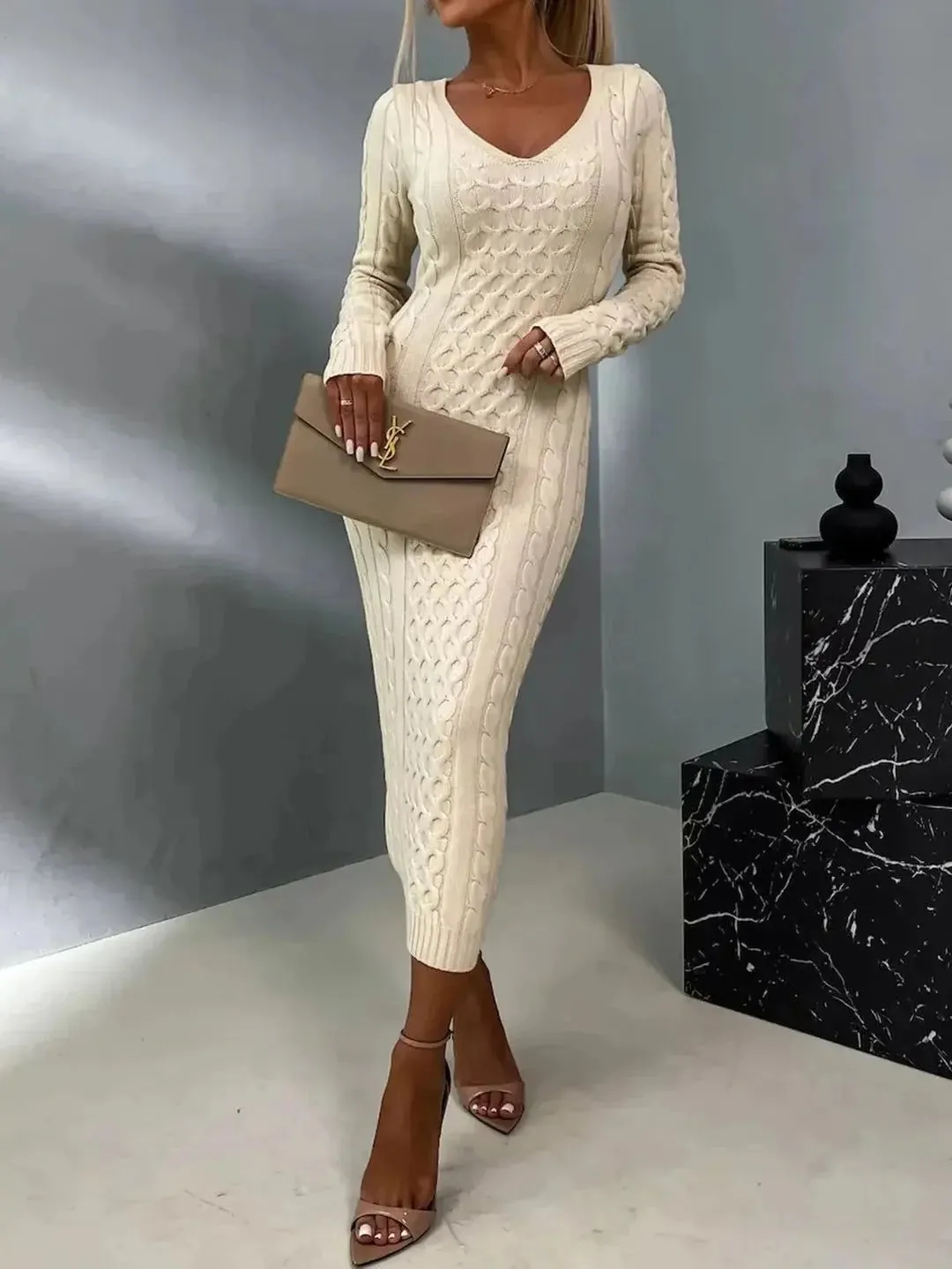 V-neck Lace Sweater Dress