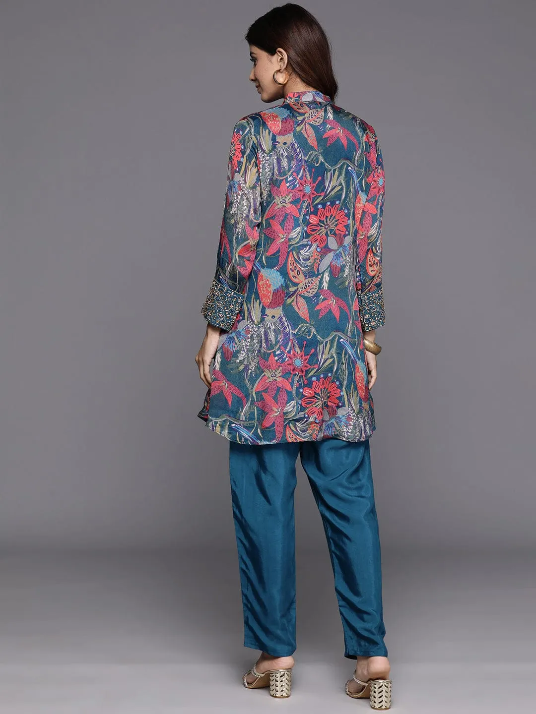 Varanga Women Blue Floral Printed Embroidered Cuff Co-Ord Set