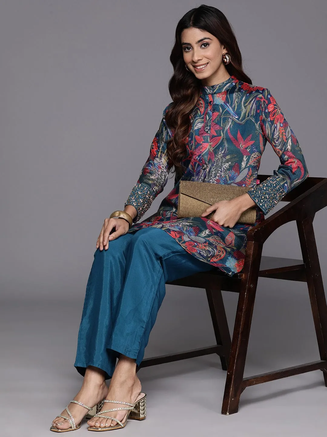 Varanga Women Blue Floral Printed Embroidered Cuff Co-Ord Set