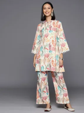 Varanga Women Cream Abstract Printed Tunic Paired With Tonal Bottom