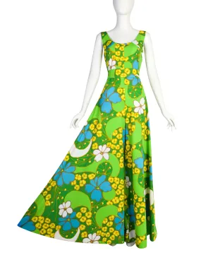 Vintage 1970s Vibrant Green Yellow Blue Floral Extreme Elephant Bells Palazzo Jumpsuit