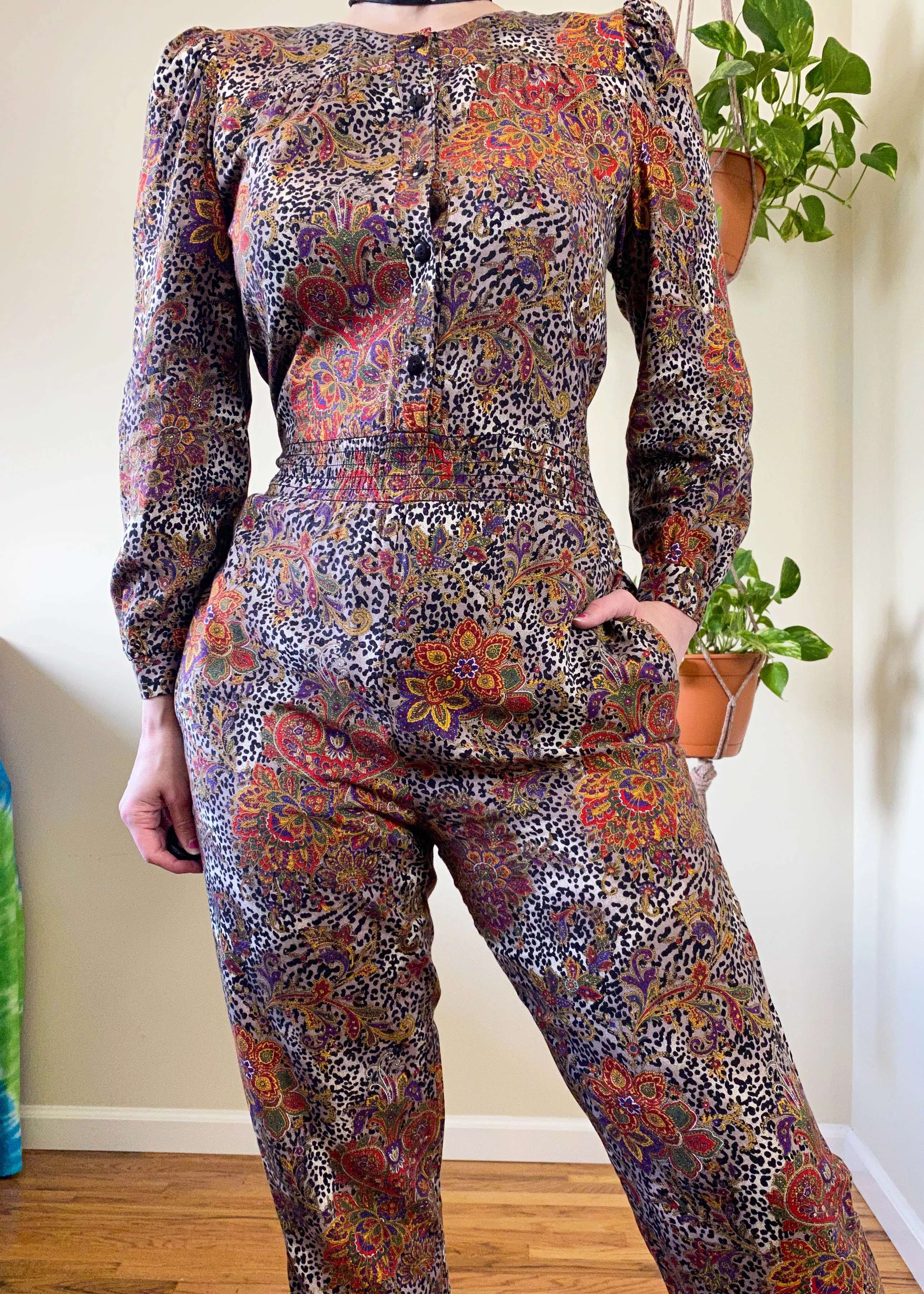 Vintage 80's Leopard and Paisley Jumpsuit - L/XL