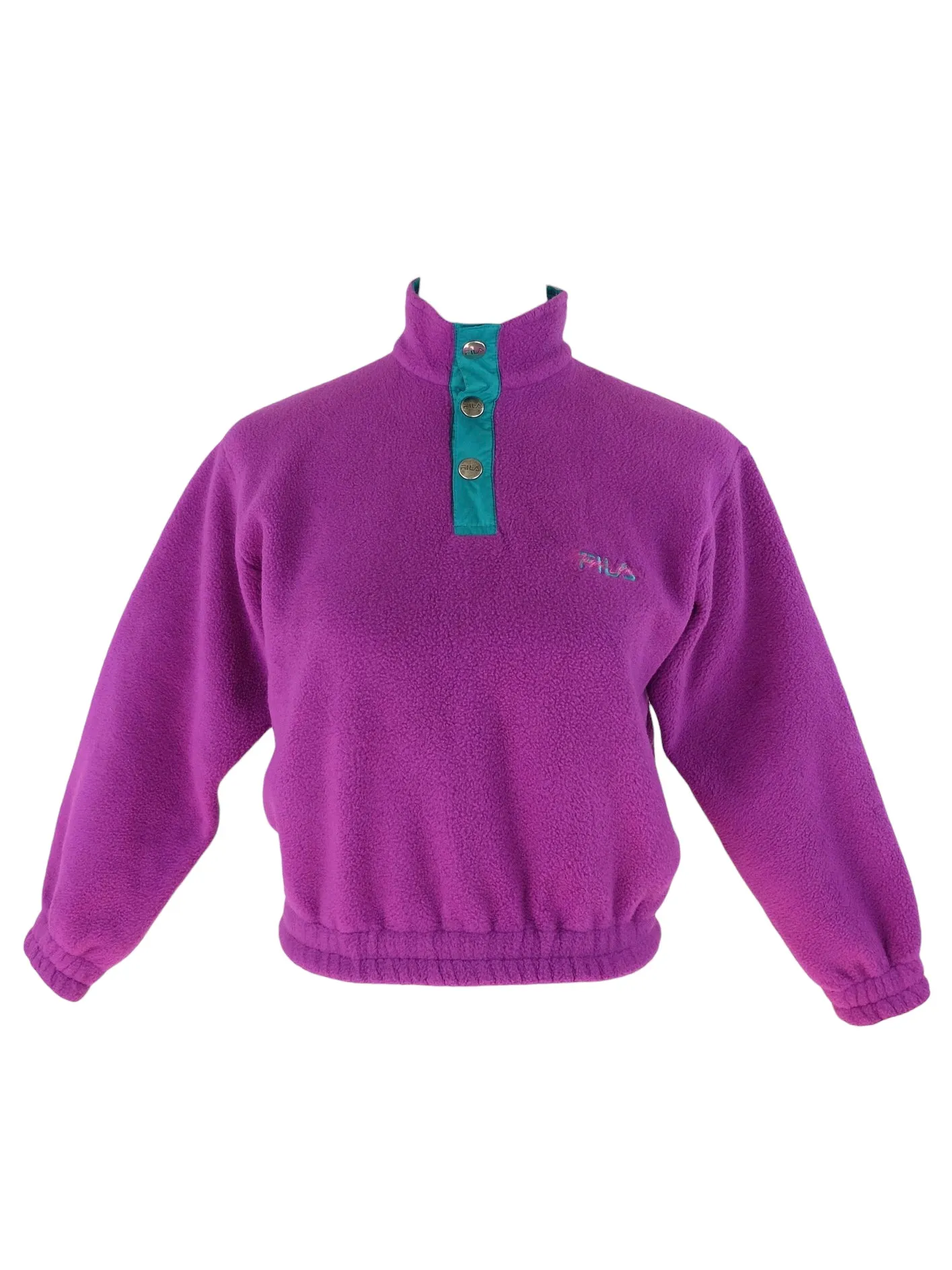 Vintage 90s Fila Magic Line Kids Retro Fuchsia Purple & Teal Green 1/4 Snap Down Fleece Pullover Jumper