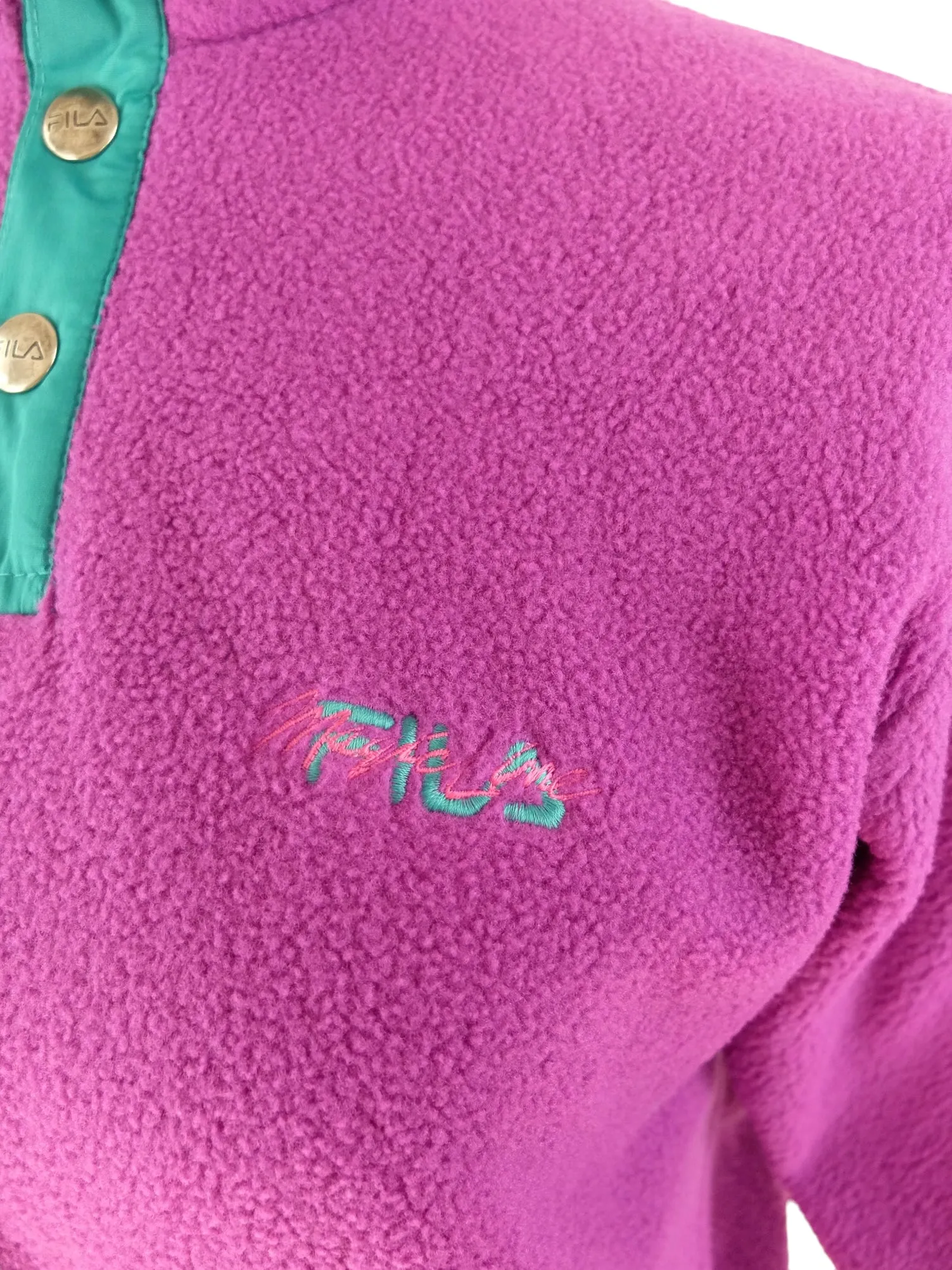 Vintage 90s Fila Magic Line Kids Retro Fuchsia Purple & Teal Green 1/4 Snap Down Fleece Pullover Jumper