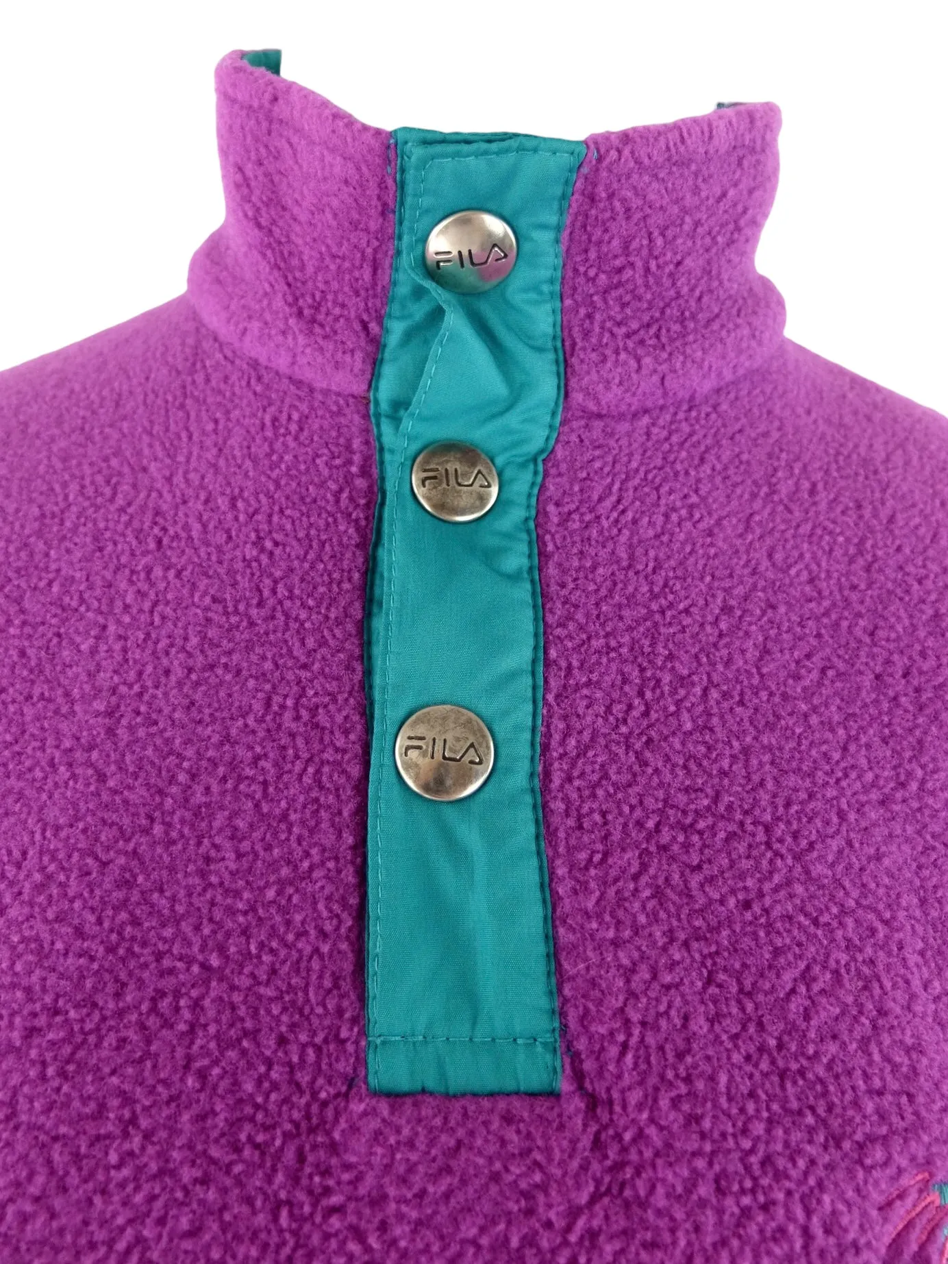 Vintage 90s Fila Magic Line Kids Retro Fuchsia Purple & Teal Green 1/4 Snap Down Fleece Pullover Jumper