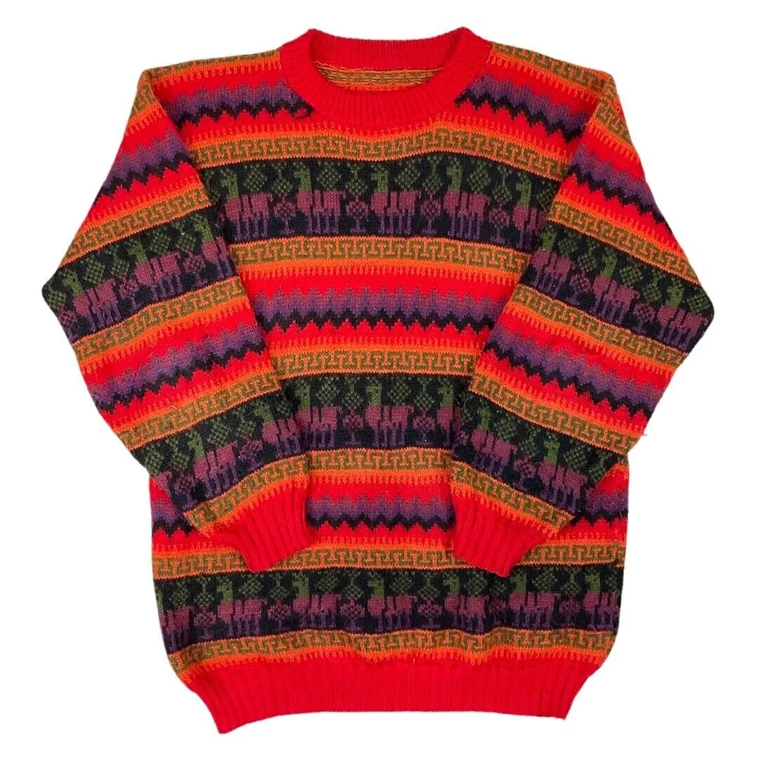 Vintage 90s Red Purple Striped Zig-Zag Geometric Alpaca Knitted Jumper 14